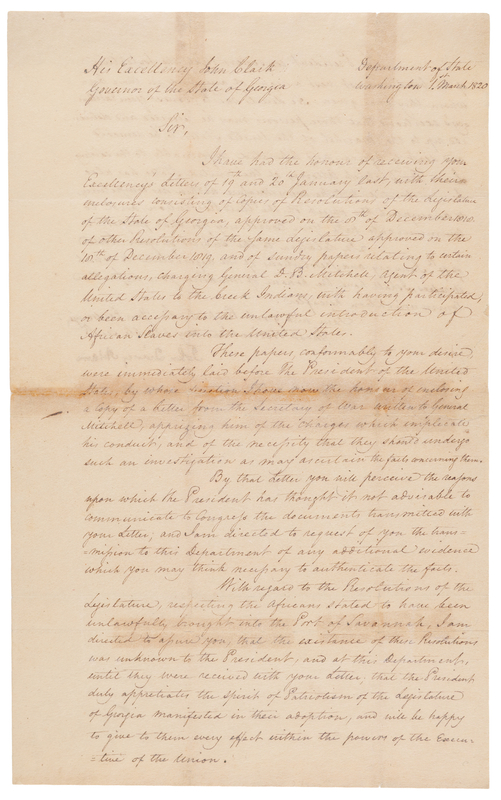Lot 2 John Quincy Adams Letter Signed as Secretary of State - Transmitting President James Monroe’s Ruling on the Illegal Importation of African Slaves