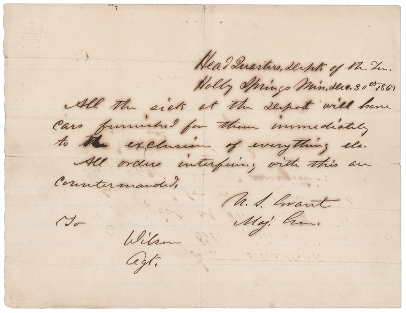 Lot 24 U. S. Grant War-Dated Autograph Letter Signed - Evacuating Sick Soldiers After the Holly Springs Raid