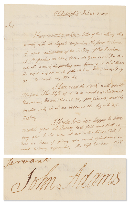 Lot 1 John Adams Autograph Letter Signed as President to Historian George R. Minot on His History of the Province of Massachusetts Bay