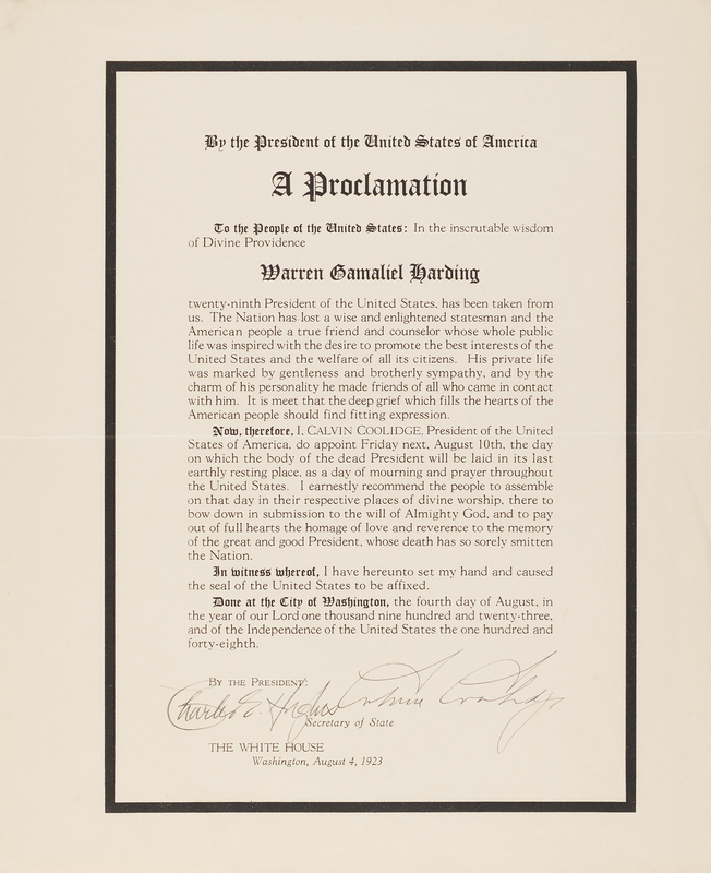 Lot 31 Calvin Coolidge Signed Broadside as President on the Death of Warren G. Harding: 