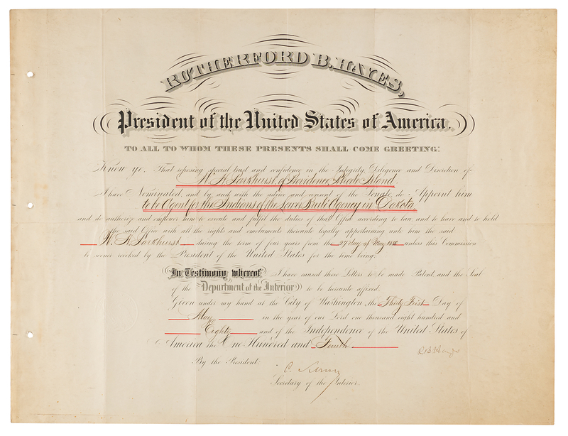 Lot 64 Rutherford B. Hayes Document Signed as President, Appointing an Indian Agent for the Lakota Sioux