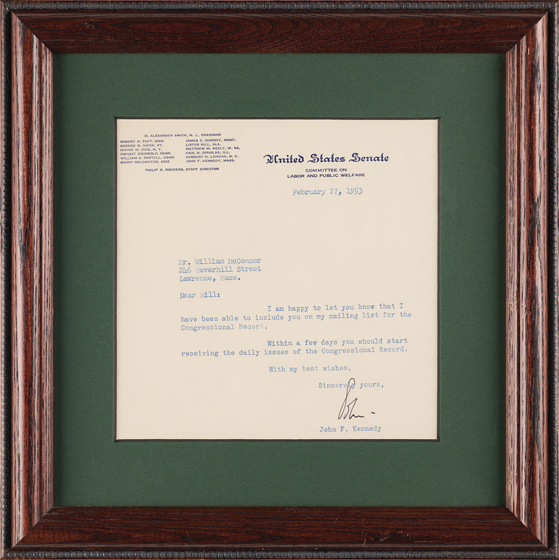 Lot 78 John F. Kennedy Typed Letter Signed as a Massachusetts Senator