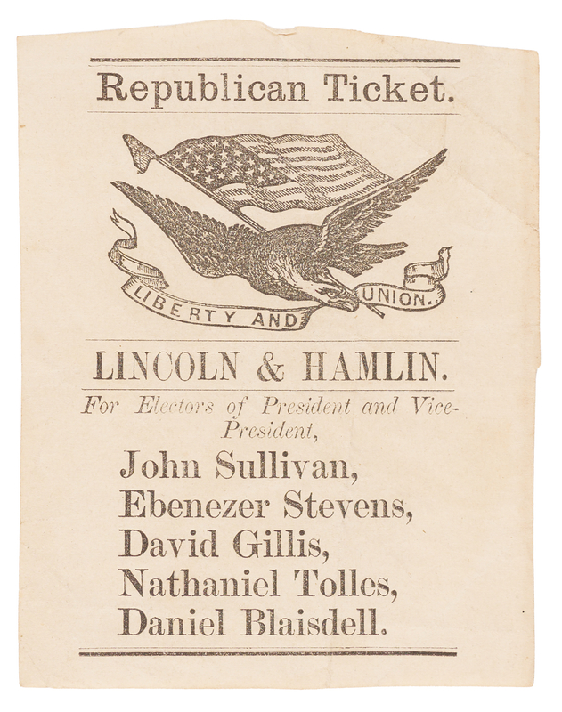 Lot 404 Abraham Lincoln and Hannibal Hamlin 1860 Presidential Election Ticket