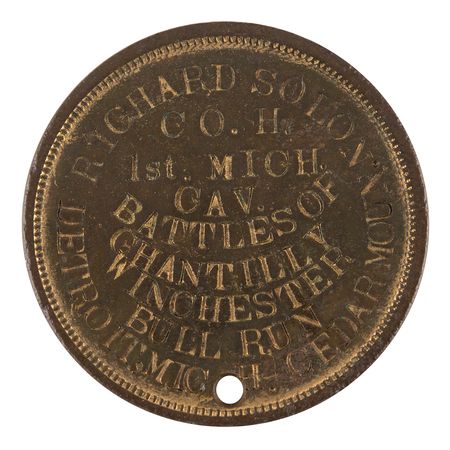 Lot #346 Civil War: 1st Michigan Cavalry Identification Disc of Richard Solon, a Bugler Who Rode with Custer's Cavalry at Gettysburg - Image 2