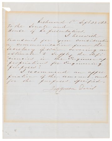 Lot #316 Jefferson Davis Civil War-Dated Letter Signed to the Confederate States Congress, Making Appropriations for War - Image 1