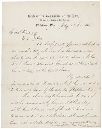 Lot #329 Vicksburg: Special Orders No. 7, Signed