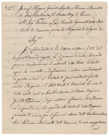 Lot #263 Tobias Lear: Manuscript Copy of a Letter