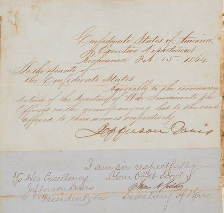 Lot #318 Jefferson Davis Civil War-Dated Letter Signed to the Senate of the Confederate States, Promoting Officers - Image 1