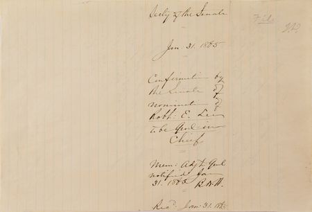 Lot #320 Robert E. Lee: Jefferson Davis's Initialed File Copy of Lee's Nomination as General in Chief of the Armies of the Confederate States - Image 2