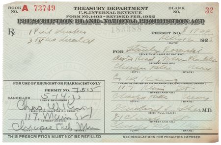 Lot #285 Prohibition: 1923 Liquor Prescription for
