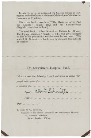 Lot #289 Albert Schweitzer Signed 'Hospital Fund'