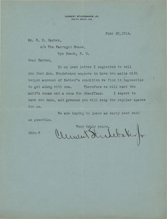 Lot #296 Clement Studebaker, Jr. Typed Letter