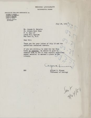 Lot #262 Alfred Kinsey Typed Letter Signed
