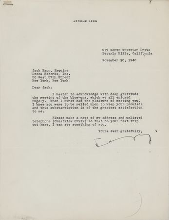 Lot #544 Jerome Kern Typed Letter Signed to Decca