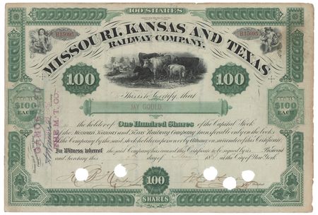 Lot #250 Jay Gould Document Signed - 'Missouri, Kansas and Texas Railway' Stock Certificate - Image 2
