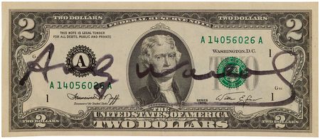 Lot #470 Andy Warhol Signed $2 Dollar Bill