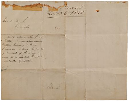 Lot #17 U. S. Grant Autograph Letter Signed to Gen. William T. Sherman, Preceding the 1868 Election, Docketed by Sherman: 