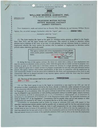 Lot #638 Sharon Tate Signed Agency Contract - Image 1