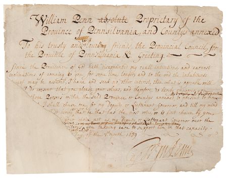 Lot #132 William Penn Partial Document Signed,