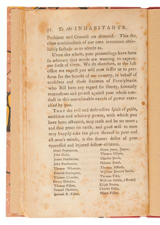 Lot #133 Pennsylvania Quakers: An Address to the Inhabitants of Pennsylvania, by Those Freemen, of the City of Philadelphia, who are now confined in the Mason's Lodge (1777) - Image 3