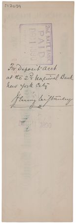 Lot #292 Henry M. Stanley Signed Check