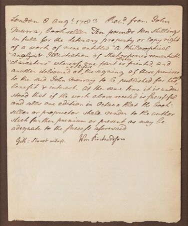 Lot #458 Gilbert Stuart Document Signed as Witness to the Copyright Sale of 'A Philosophical Analysis & Illustration of Shakespeare's Remarkable Characters' - Image 2