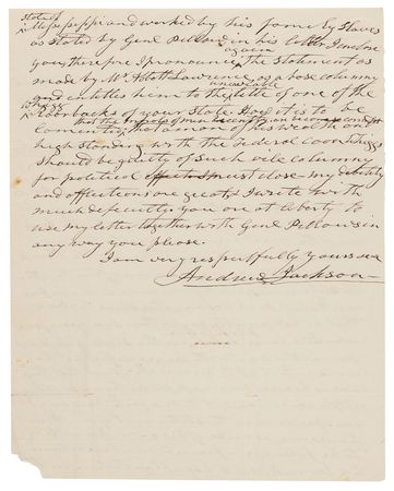Lot #4 Andrew Jackson Autograph Letter Signed, Criticizing False Allegations Against His Protégé: 