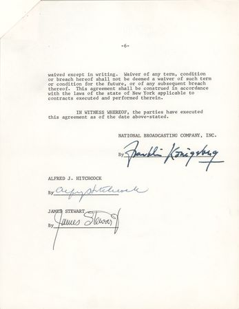 Lot #677 Alfred Hitchcock and James Stewart Signed NBC Telecast Agreement for The Man Who Knew Too Much - Image 1