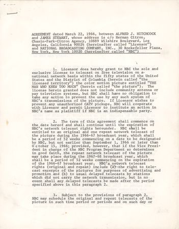 Lot #677 Alfred Hitchcock and James Stewart Signed NBC Telecast Agreement for The Man Who Knew Too Much - Image 2