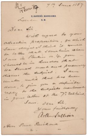 Lot #541 Arthur Sullivan Letter Signed