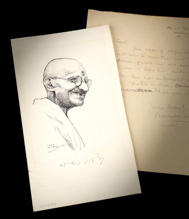 Lot #171 Mohandas Gandhi Signed Portrait Sketch - Image 1