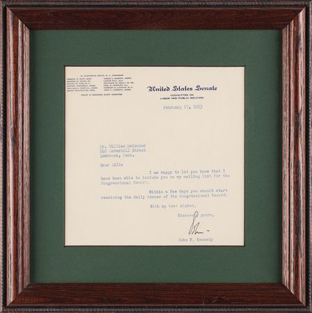 Lot #78 John F. Kennedy Typed Letter Signed as a Massachusetts Senator - Image 1