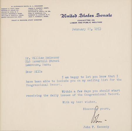 Lot #78 John F. Kennedy Typed Letter Signed as a Massachusetts Senator - Image 2