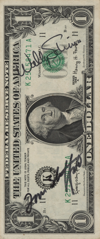 Lot 5126 Gemini 6 Crew-Signed $1 Dollar Bill - Stafford and Schirra