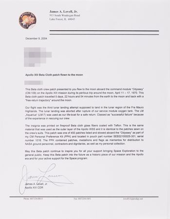 Lot #5272 Apollo 13 Flown Beta Patch - Signed and Flight-Certified by James Lovell - Image 3