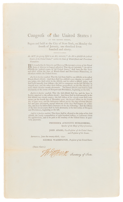 Lot 2 Thomas Jefferson Document Signed as Secretary of State - Act of Congress Organizing Rhode Island's US District Court