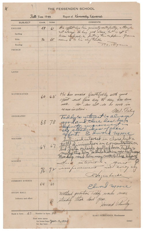 Lot 149 Ted Kennedy's Seventh Grade 'The Fessenden School' Report Card (1944)