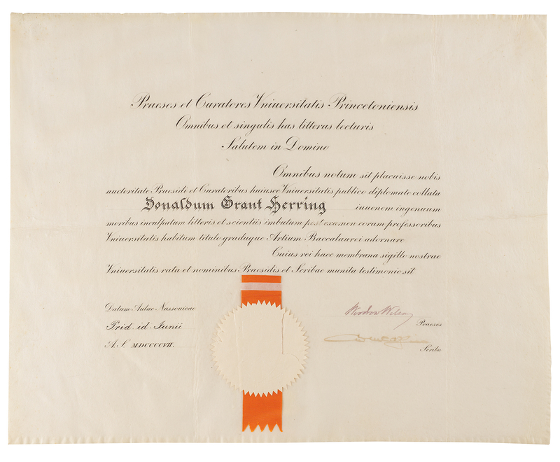 Lot 52 Woodrow Wilson Document Signed - Princeton University Diploma