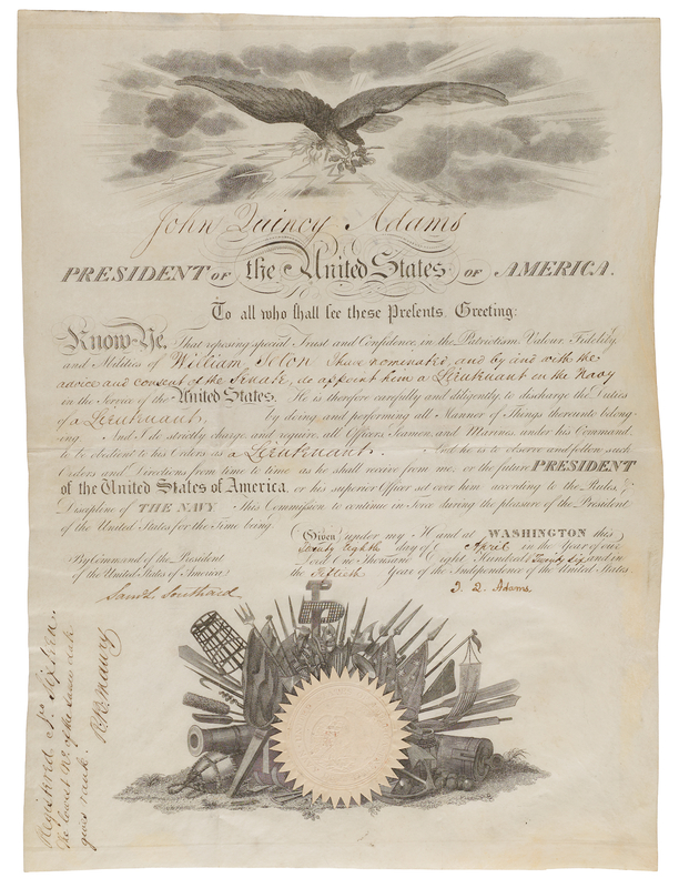 Lot 32 John Quincy Adams Document Signed as President, Appointing a Lieutenant in the Navy