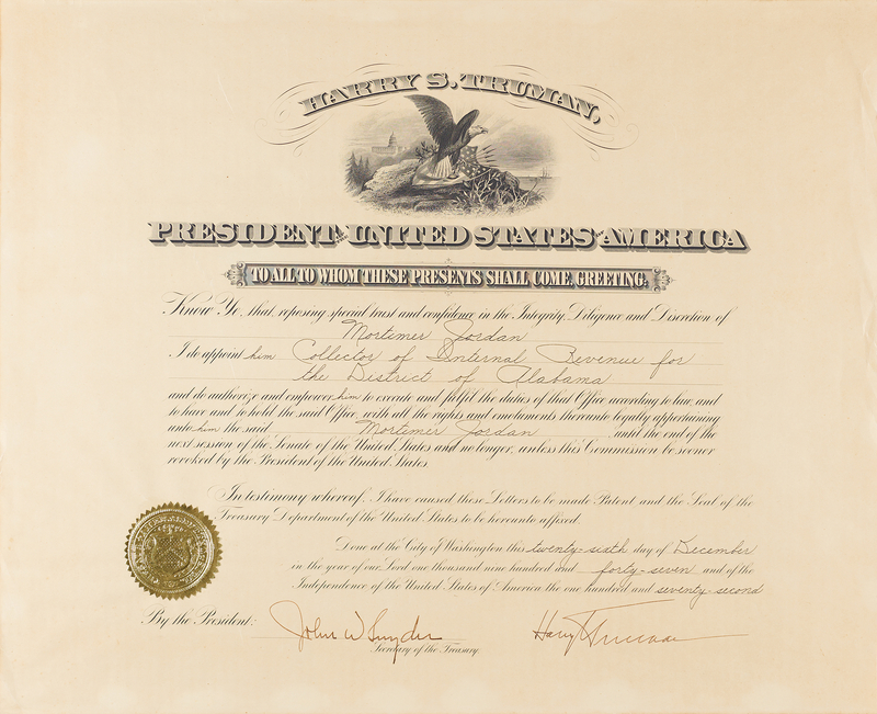 Lot 63 Harry S. Truman Document Signed as President, Appointing a Collector of Internal Revenue
