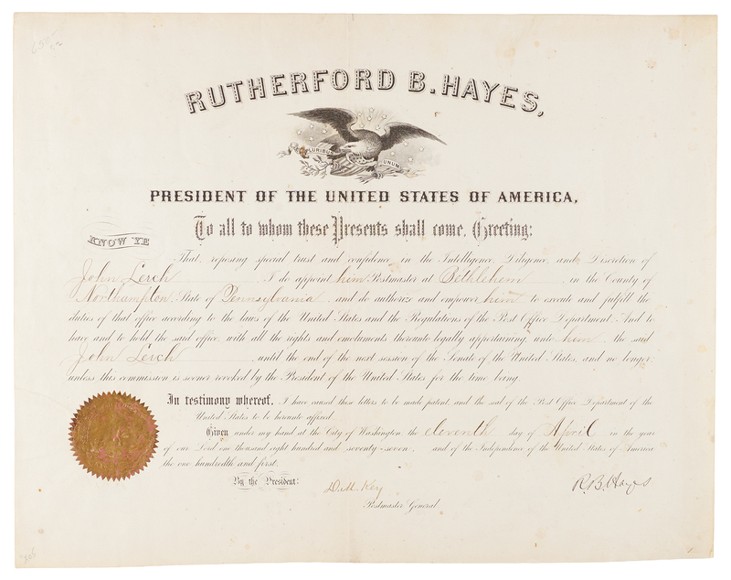 Lot 44 Rutherford B. Hayes Document Signed as President, Appointing a Postmaster