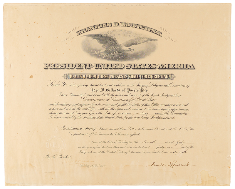 Lot 61 Franklin D. Roosevelt Document Signed as President, Appointing the Commissioner of Education for Puerto Rico