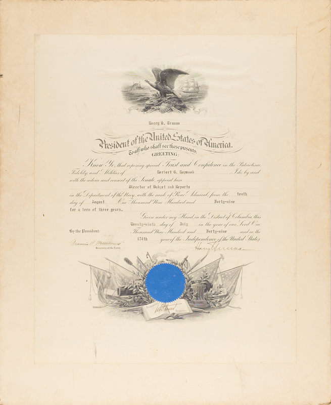 Lot 64 Harry S. Truman Document Signed as President, Appointing the Navy's Director of Budget and Reports