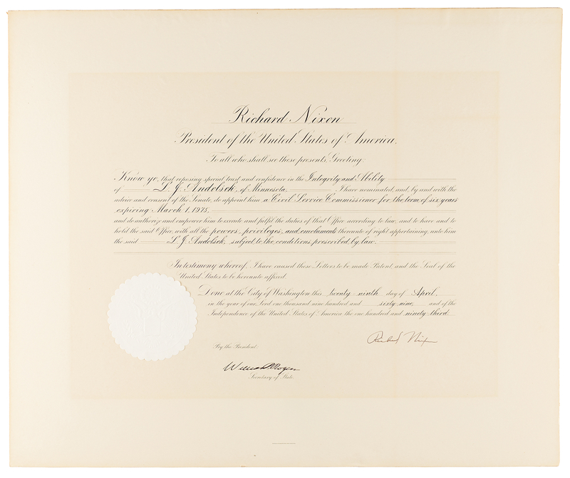 Lot 95 Richard Nixon Document Signed as President, Appointing a Civil Service Commissioner