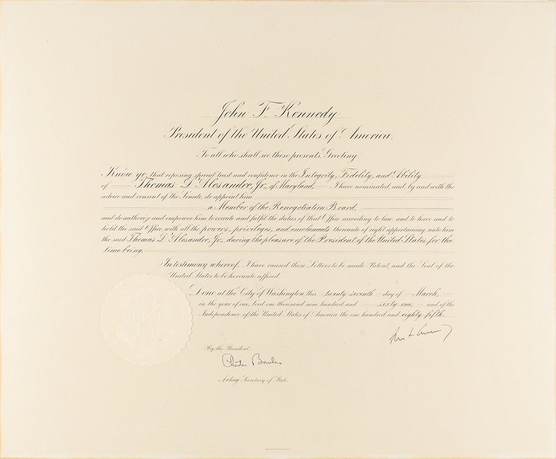 Lot 14 John F. Kennedy Document Signed as President, Appointing a Member of the Renegotiation Board