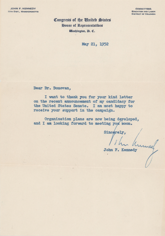Lot 22 John F. Kennedy Typed Letter Signed on His Bid for U.S. Senate