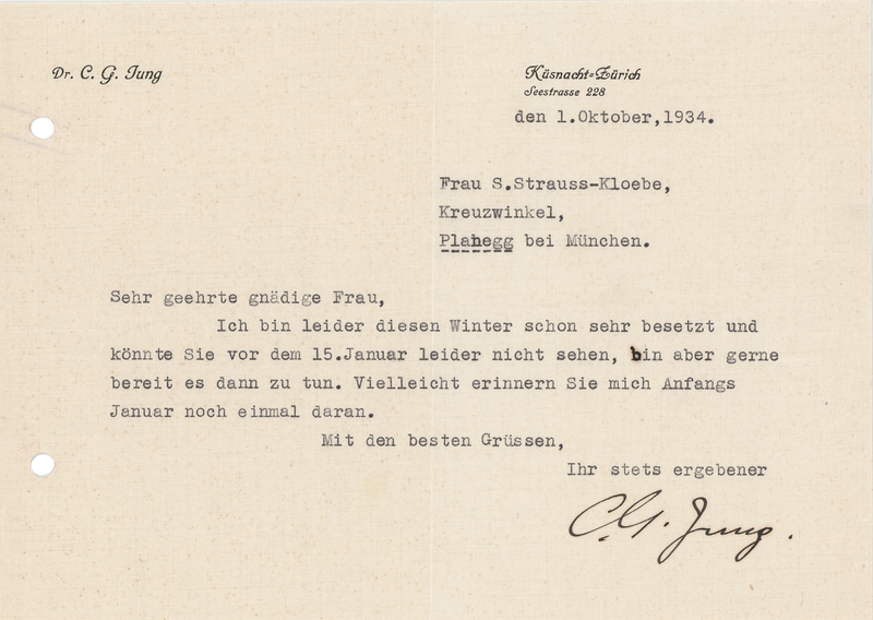 Lot 269 Carl Jung Typed Letter Signed with Kusnacht Appointment Card