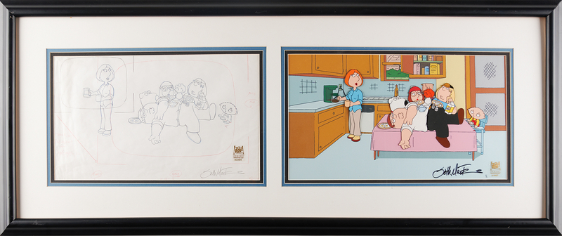 Lot 453 Seth MacFarlane signed limited edition 'Pilot Episode' cel and production drawing for Family Guy