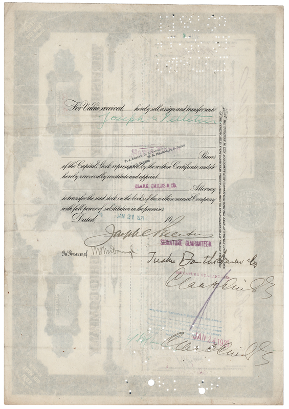 Lot 241 Joseph C. Pelletier Signed Stock Certificate