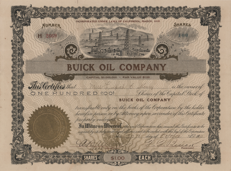 Lot 235 David D. Buick Document Signed - Buick Oil Company Stock Certificate